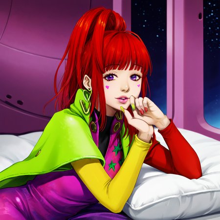 best quality, masterpiece, official artwork, (realistic:0.3), 1girl, solo, sq,  red hair, jewelry, earrings, purple eyes, lips, nail polish, makeup, long hair, ponytail, jacket, dress, spaceship room background, one finger point on face, flirty face, sleeping on bed