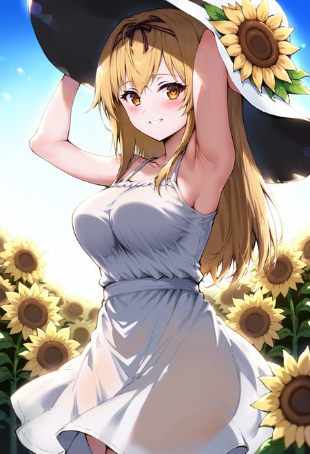 score_9, score_8_up, score_7_up, score_6_up, score_5_up, score_4_up, 
simple background, gradient background, 
refraction, caustics, rim lights, backlighting, bloom, 
BREAK
source_anime, day, outdoors, sky, flower field, sunflower, sunflower field, sunset, 
BREAK
1girl, sundress, sunhat, blonde hair, large breasts, see-through silhouette, happy, hair between eyes, 
arms up, armpits, light smile, 
<lora:Haoni-v2b-PDXL:1>