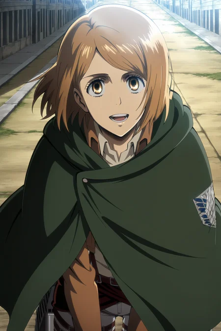 anime screencap, anime coloring, detailed face, masterpiece, best quality, very aesthetic, absurdres, volumetric lighting, 
outside, in a city,
 <lora:Petra_Ral_Attack_on_Titan:1>
attack on titan, Petra Ral (character), 1girl, solo, brown hair, brown eyes, short hair, outdoors, jacket, paradis military uniform, looking up, open mouth, brown jacket, cloak, green cape, green cloak, high angle, looking at the viewer, :D, smile