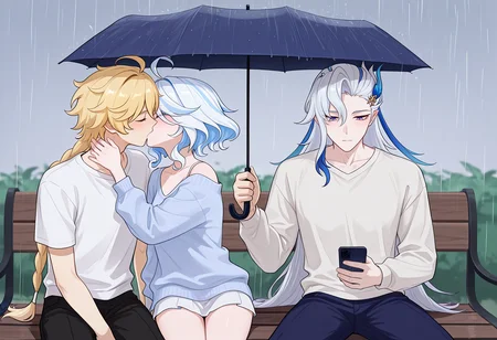 masterpiece, high quality, amazing detail, guy_holding_umbrella_over_kissing_couple_(meme), blush, 1girl, 2boys, sitting, bench, rain, alternate costume, casual,
BREAK
aether \(genshin impact\), furina \(genshin impact\), closed eyes, kiss,
BREAK
neuvillette \(genshin impact\), holding umbrella, shared umbrella, looking down, holding phone, closed mouth,
<lora:guy_holding_umbrella_over_kissing_couple_meme:0.8>