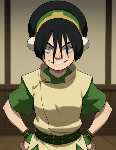 score_9, score_8_up, score_7_up, source_anime, <lora:toph-beifong-book2book3-ponyxl-lora-nochekaiser:1>, toph beifong, black hair, hairband, blind, grey eyes, hair between eyes, short hair,, shirt, green shirt, vest, belt, short sleeves,, indoors, smug, smile, looking at viewer, solo, hands on hips,, cowboy shot, dutch angle