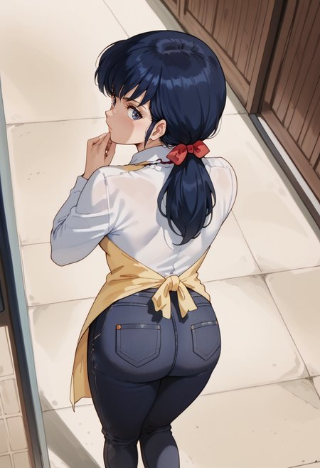 score_9,score_8_up,score_7_up,score_6_up,score_5_up,
BREAK,
1female, otonashi_kyouko, from above, looking back, face focus,
shirt, apron, jeans, from behind, looking back, 
<lora:Kyoko_Otonashi:0.85>