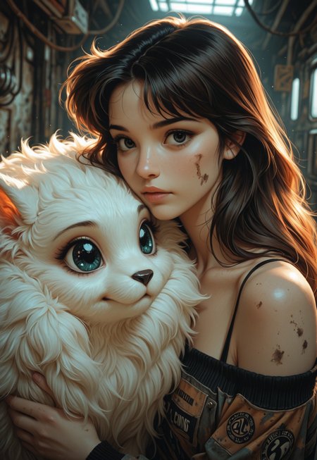 high_quality, highres, detailed_eyes, detailed, masterpiece, best quality, absurdres, 8k, HDR, face_focus, retro,  grunge,
1girl, woman, fluffy_creature, motion, cinematic, tilted_angle, over-the-shoulder,
