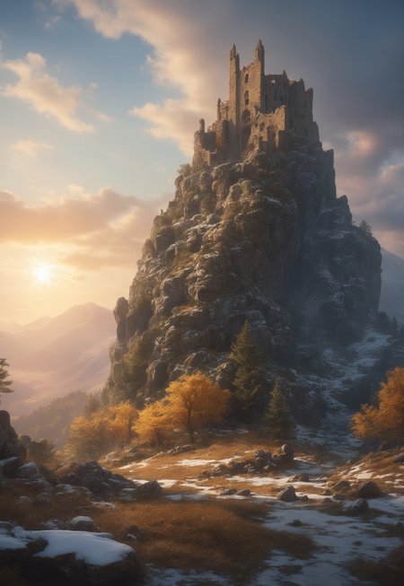 (ruins, broken, snow, dappled sunlight:1.2), sun, tree, forest, scenery, rock, reflection, ancient, overgrown, mountains, sunset, clouds, mountainous horizon, fantasy, medieval, 1other, looking away (masterpiece, exceptional, best aesthetic, best quality, masterpiece, extremely detailed:1.2), in the style of umempart
 (8k uhd:1,4)
 <lora:add-detail-xl:1>
 <lora:Dynamic Poses:1>