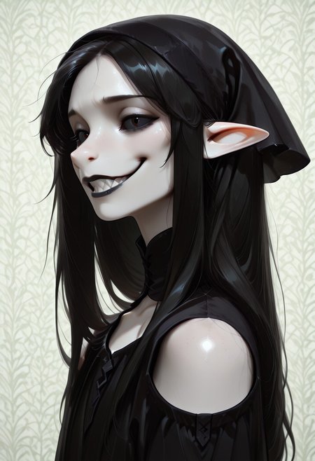 1 person, (lapanya, snout nose:1.2), solo, androgynous, pointy ears, sleek hair, straight hair, long hair, black hair, straight hair, parted bangs, hair over shoulders, ((black sclera, black irises, black pupils)):1.5, (very pale skin, white skin), ((full lips, black lipstick)), black cloak, black headscarf, low collar, collarbone,
(Grinning, sharp teeth, detailed teeth), looking at viewer,
Medieval style, Smooth colors, detailed face, smooth skin, smooth nose, organic cavern background, clean lines, high quality, best quality, masterpiece, rating: safe, source: semi-realistic,