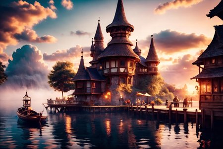 <lora:HarborAndDocks:0.8> hado, outdoors, temple, watercraft, building, clouds, docks, water, morning light, mystical, runes, magical, energy, wooden,  OverallDetail, epiCPhoto,  <lora:Wizard_Tower:0.6> witow, tower, castle
