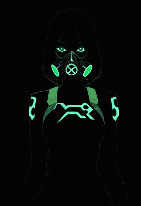 high contrast, looking at viewer, 
1girl, short black hair, black gas mask, valorant uniform, glowing green neon tubes, poison, neon, blend_in, black background,