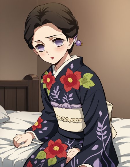 score_9, score_8_up, score_7_up, source_anime,
knytamayo, <lora:kny-tamayo-anime-ponyxl-lora-nochekaiser:1>,
tamayo, black hair, hair ornament, purple eyes, empty eyes, short hair, makeup, lipstick, red lips,
long sleeves, flower, japanese clothes, wide sleeves, kimono, sash, obi, floral print, print kimono, black kimono,
indoors, bed, bed room, on side, blush, drunk,
solo, looking at viewer, cowboy shot, dutch angle,