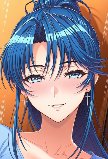 masterpiece, best quality, newest, highres, uncensored, 1girl, yokota mamoru style,1girl, slender face，motion lines,blush,torogao,looking at the viewer,seductive smile
Kouno Asami,Blue Hair, Curtained Hair, Long Hair, Ponytail, Spiky Bangs, Straight Hair,Blue Eyes,Medium Breasts, Slim, Cross Earrings
1girl,solo
,slim,solo, open eyes, earrings, jewelry, long hair, blush, close-up,, dutch angle, portrait,full dressed