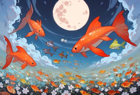 score_9, score_8_up, score_7_up, score_6_up,
nature background, flowers, flower, clouds, fields, flower field, night time, dark county side, moon in the sky, huge moon, glowing moon, white glow, horizon view, flat horizon 
flying fish, fish floating, fish swimming thriugh the sky, betta fish, multi colour fish,  swarm of fish, 30 fish, huge swarm of fish,fish ,Aquatic life, swarm of fish around a big fish, large goldfish, goldfish, large fish, dragon fish, dragon gold fish