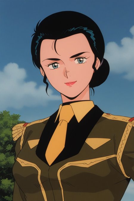 masterpiece, best quality, source_anime,official art,perfect_anatomy,1990s_\(style\),retro_artstyle,1girl,lupe_cineau,black hair,single hair bun,lipstick,makeup,uniform,military uniform,(beautiful detailed face,looking_at_viewer,smile),upper body,day,outdoors,blue_sky,cloud