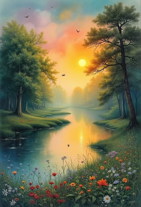score_9, score_8_up, score_7_up, space_backround, trees, sun, river, morning, irisch landscape, bird, flowers, beautiful compositioncombining realism with a subtle artistic touch. watercolorpainting, imperialism, 
vivid color, vivid background,