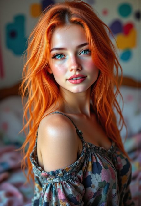 A teenage girl with vibrant ginger hair stands in her bedroom. Her fair skin is sprinkled with freckles, and her green eyes, framed by naturally long lashes, crinkle slightly as she smiles., in the style of Jed-clrfl, aidmafluxpro1.1, aidmaMJ6.1, candy colors in the style of ckcf,