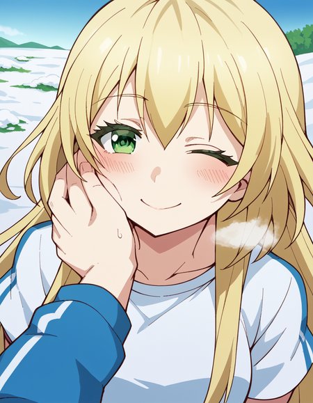 score_9, score_8_up, score_7_up, source_anime, <lora:yuki-nozaki-s1-ponyxl-lora-nochekaiser:1>, yuki nozaki, long hair, blonde hair, hair between eyes, green eyes, sidelocks,, shirt, pants, t-shirt, sportswear, track pants,, snow day, winter clothes, snowball fight, laughter, cold breath, white landscape, smile, <lora:guided-hand-on-cheek-ponyxl-lora-nochekaiser:1>, guided hand on cheek, hand grab, hand on another's cheek, hand on another's face, looking at viewer, pov, pov hands, smile, blush, one eye closed, caress, caressing cheek, looking at viewer, solo,, dutch angle, cowboy shot