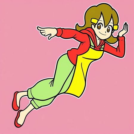 1girl, human, 5-volt, brown hair, red hoodie, yellow apron, green pants, red slippers