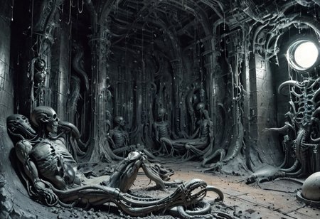 birthing room, cold, destitute, highly detailed, abandoned factory, enormous, metallic walls echo with the haunting hum of machinery long silenced, nightmares of cosmic gods, elongated limbs write with pulsating veins, translucent skin pulled tight over skull, cryogenic eggs laqurered in obsidian, network of luminescent tendrils, eyes multifaceted, unblinking, conveyor belt snakes through as eggs the size of a small car, are pushed out, gigantic, slick shiny black and grey, epic, collosus, megalomania, a grotesque nasty nightmarish queen, ventilator, forced to birth, giving birth to hundreds of grotesque beings, drones, scuttering, epic, mass of flesh, transparent eggs, veiny membrane, two scientists taking observing, taking note, tentacles, transparent slime, breathing tubes, skip clip:773, energy leech, tiny scientists are observing taking notes, latched on eggs with embryo, style of H. R. Giger, 
Highly detailed. FRESHIDEAS Sci-fi scenes, realistic, obscene, unappealing, hellish, gross, vats of flesh bubbling, unimaginable, scary, disgusted, cosmic horror, neonnightmare, crying, melting, giant skeletal skulls ofalien origin embedded in the rock face, metalic, cold, religious horror, color graded cinematic, eye catchlights, atmospheric lighting, macro shot, skin pores, imperfections