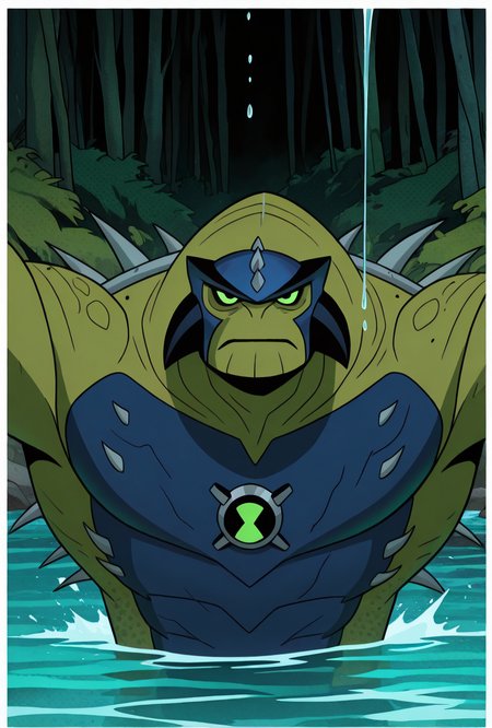 <lora:ulthum-09:1> ulthum, spikes, solo, no humans, green eyes, green skin,, , 1boy, , blue helmet  , dynamic pose, cinematic,  <lora:primal-guy90-Illust-Lycorisv1:1> lamirp, forest, river, coming out of water, water dripping,, masterpiece, best quality, amazing quality, very aesthetic, absurdres, newest,, upper body, halftone effect, white borders, abstract background:1.2,