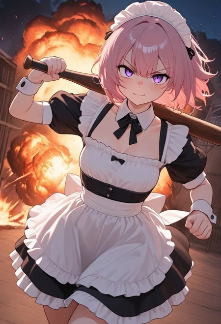 masterpiece,best quality,amazing quality, 1girl, CivChan, middle hair, pink hair, purple eyes, maid dress, cleavage, standing looking sweet, coy, holding a wooden baseball bat over her shoulder, smiling sweetly, dark background, server room, servers with blue lights, fighting stance, making fists, looking at viewer, outdoors, night, cowboy shot, collarbone, serious face,  dutch angle, explosion,