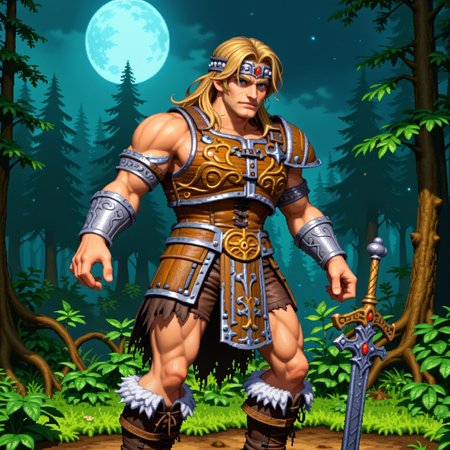 score_9, score_8_up, score_7_up, score_6_up, score_5_up, score_4_up,, dkcstyle,, pixel art,, simonbel, simon belmont, leather armor, jeweled headband, stylized brown breastplate, leather shorts, stylized loincloth, single pauldron, metal wristbands, shoulder length blonde hair, fur lined boots, leather tassets, dark forest background, night time, spooky forest background, (((((barehanded)))), (((((no weapons)))))