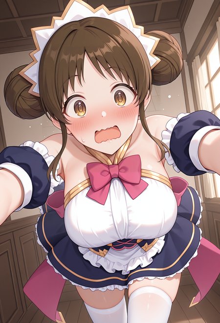 highres, best quality, masterpiece, indoors,
1girl, solo, pcrsuzume, brown hair, sidelocks, brown eyes, large breasts, hair bun, double bun,
szmedef, headdress, maid, blue dress, white bust, pink bow, bare shoulders, puffy short sleeves, maid apron, waist apron, frills, detached sleeves, white gloves, white thighhighs,
blush, open mouth, wavy mouth, surprised, 
tripping, leaning forward,  spread arms, pov,
<lora:_suzume_pcr-elesico-ilxl:1>