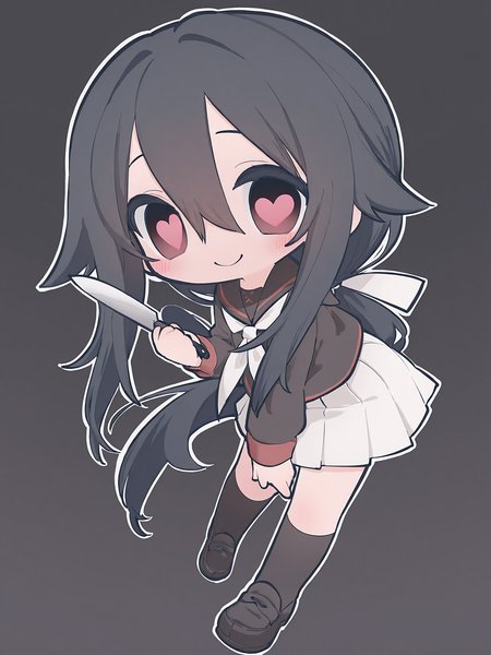 <lora:Ryoba4XL:1> Ryoba_YS, 1girl, long hair, low ponytail, serafuku, white pleated skirt, loafers, black kneehighs, white neckerchief, school uniform, <lora:spo_sdxl_10ep_4k-data_lora_webui:0.5>, chibi, thick lineart, knife, heart-shaped eyes, solo, smile, yandere, masterpiece, best quality, amazing quality, very aesthetic, absurdres, newest, soft lighting, gradient background, white outline, full body, dynamic pose, blush
