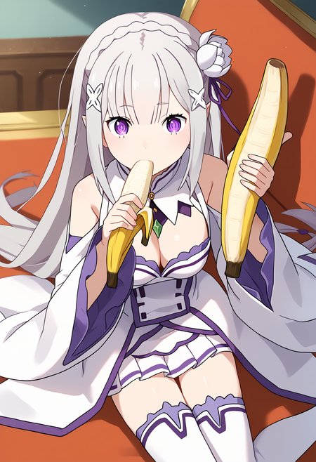 score_9, score_8_up, score_7_up, source_anime,
BREAK
1girl, solo, 
<lora:shiEmiliaV2:1> shimilia, long hair, grey hair, purple eyes, pointy ears, crown braid, hair flower, hair ribbon, purple ribbon, x hair ornament, white dress, cleavage, bare shoulders, wide sleeves, white thighhighs, thigh boots, 
<lora:shiBananaV1:1>, shibanana, banana,