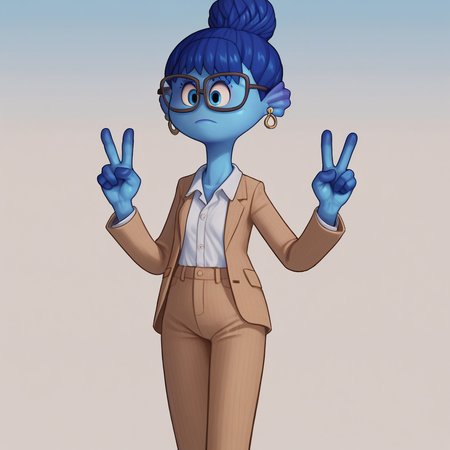 score_9_up, score_8_up, BREAK, AgathaGillman, 1girl, solo, blue hair, single hair bun, colored skin, blue skin, blue eyes, glasses, earrings, white shirt, suit, pants, cowboy shot,  <lora:AgathaGillman_PXL_Leaf1:1>, blue sky, double v,