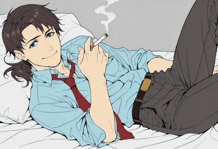 masterpiece, best quality, male focus, flat color, kaji,<lora:Degen_Ryoji_Kaji_v1-000009:.8> ponytail, blue shirt, red necktie, pants, holding cigarette, brown hair, belt, blue eyes, stubble, smiling, lying down, unbuttoned shirt