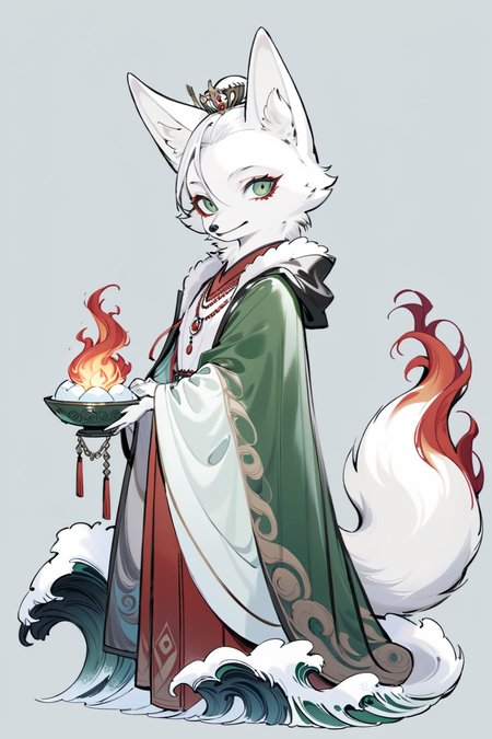 (((masterpiece))),(((best quality))),((ultra-detailed)), ani,no hunmans,furry,
A white fox, draped in a verdant green silk cloak and adorned with a deep red agate necklace, gracefully floats above the emerald waves, its eyes shimmering with eerie wisdom. Its snow-white fur is adorned with red roses, as if ablaze with mysterious jade-like flames.
white background, full body,Role concept design, <lora:InkAni-000016:0.6>