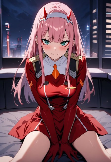 (masterpiece), (best quality), (ultra-detailed),
zero two, darling in the franxx,1girl,solo,long hair,pink hair,red horns, red battledress,hairband,medium breasts,outdoors, night city, cowboy shot ,cloudy sky,эdark red gloves, light particle, particle, dark light, night, shadow , smile, blush, sitting, legs apart, knees apart, hands support, hands between legs, looking at viewer , leaned forward,