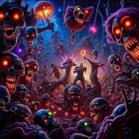 psychedelic style concept art horror-themed Dark Fantasy Art, <lora:Undead Apocalypse v1:1> und34dpsy, a psychedelic traveling circus run entirely by colorful zombies: the juggler tosses flaming brains, the contortionist has detachable limbs, and the fortune teller pulls dreams out of skulls. Everything glows â cotton candy is made of nebula mist, and rides twist into impossible geometries. Shot from a fisheye perspective, with colors vibrating like a lava lamp. The undead laugh hystericallyâ¦ even their decapitated heads., dark, moody, dark fantasy style . eerie, unsettling, dark, spooky, suspenseful, grim, highly detailed . digital artwork, illustrative, painterly, matte painting, highly detailed . vibrant colors, swirling patterns, abstract forms, surreal, trippy