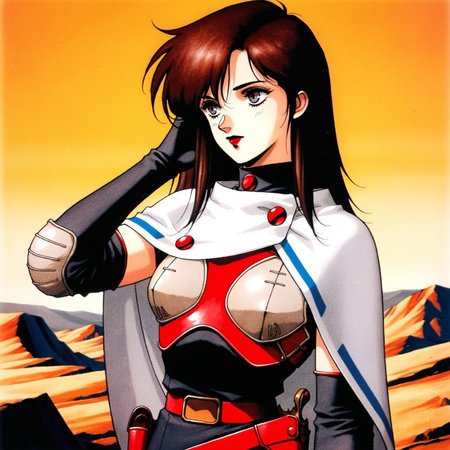 masterpiece, best quality, amazing quality,  retro artstyle, 1990s \(style\), traditional media, SMTHEROI, 1girl, medium hair, long hair, straight hair, brown hair, grey eyes, red lipstick, red neck armor, (white short cape, blue tape trim, buttons), (red breastplate, ((grey breast pads))), black camisole dress, short black sleeves, elbow gloves, grey elbow pads, red belt, holster, upper body, hand in hair, wasteland backdrop, yellow sky, pensive