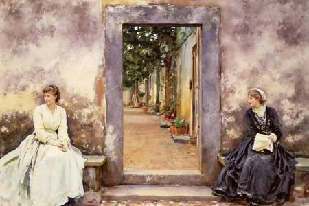 johnsingersargent3 painting
Long shot of two women in historical attire sit on stone steps in front of an open doorway. The woman on the left wears a light-colored dress, and the one on the right wears a dark gown. A garden with greenery is visible through the doorway. <lora:johnsingersargent3_cap_d8a4e12:1.0><lora:859961276661520693:0>