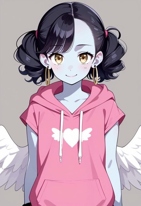 score_9, score_8_up, score_7_up, score_6_up, 1girl, solo, source_anime, (blue skin:1.1), angel wings, hoop_earrings, hoodie, dark red taut dress, bracelet, simple background, looking at viewer, smile, portrait, hair flip, flat chest, plump, curly hair, short hair, twintails, bangs, amber eyes, black hair, mole on face