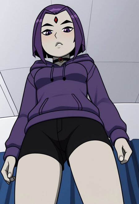 chrav, 1girl, solo, medium breast, purple hoodie, choker, black short shorts, from below, bedroom, indoors,