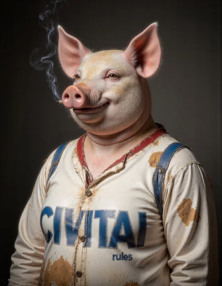 Frida Kahlo style full body shot of <lora:antr:1>, Rembrandt style, This is an ultra-realistic, highly detailed portrait of a pig rendered with meticulous attention to texture, lighting, and natural imperfections. The pig stands confidently against a smooth gradient grey background that transitions from a deep charcoal at the bottom to a soft silvery hue near the top, creating a neutral yet dynamic setting that highlights every intricate detail of the subject., The pigâs body is round and robust, covered in a short, bristly coat of fur that captures the essence of its rough lifestyle. Each strand of hair is individually visible under the soft, diffused lighting, with subtle variations in color ranging from pale pink to deeper shades of dusty rose and faint hints of beige along the edges where light catches the coarse hairs. The skin beneath the fur has a textured surface, showcasing fine wrinkles, tiny pores, and patches of uneven pigmentation that add an authentic tactile quality to its appearance. Around the snout, the skin is slightly tougher and more leathery, with prominent folds and creases that emphasize the animal's expressive nature., Its face features sharp, lifelike details: reddish-hued eyes gleam faintly as if reflecting some distant source of light, their wet surfaces catching highlights that make them appear almost alive. A mischievous smirk plays across its lips, which are slightly parted to reveal a glimpse of small, worn teeth. The nostrils flare subtly, one holding a cigarette precariously between its ridges. Thin wisps of smoke spiral upward lazily, curling into delicate tendrils before dissipating into the air. These ethereal trails of smoke catch the light beautifully, adding movement and depth to the otherwise still composition., The pig wears a dirty, well-worn white shirt with blue and red striped accents on the shoulders and a bold red collar. The fabric is frayed at the edges, stained with smudges of dirt and grease, suggesting years of hard use or manual labor. Faint sweat marks stain the armpits, while faint rips and loose threads give the garment a gritty, lived-in feel. Emblazoned across the chest in large, bold blue letters is the word "CIVITAI rules, " partially faded but still legible, further emphasizing the rugged aesthetic of the scene., Lighting plays a crucial role in this piece, with soft, even illumination casting gentle shadows that accentuate the pig's three-dimensional form. Subtle highlights run along the ridges of its ears, the tip of its snout, and the raised fibers of its fur, while deeper shadows pool within the folds of its skin and the creases of its clothing. This interplay of light and shadow creates a masterfully realistic rendering, drawing the viewerâs eye to the intricate textures and imperfections that define the pig's character., Every element of this portraitâfrom the carefully crafted texture of the pig's bristly coat to the delicate trails of smokeâhas been meticulously designed using advanced CGI techniques combined with photorealistic textures. The result is an unparalleled level of realism that blurs the line between digital art and photography, inviting viewers to linger over the smallest details and marvel at the lifelike portrayal of this unconventional yet compelling subject. . Baroque, chiaroscuro, realistic, emotional, "flat lightin. Whole outfit, clear, sharp, balanced . Surrealist, autobiographical, vibrant, symbolic, "Realist
