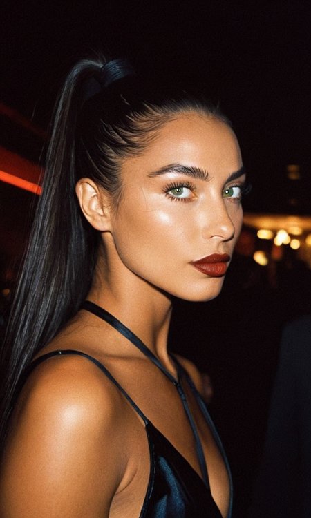 cinematic still Ultra-realistic portrait of a woman, sharp jawline, angular facial structure, sun-kissed tan skin, delicate pores, long jet-black straight hair, sleek high ponytail, glossy crimson lipstick, cat-like green eyes, precise eyeliner, intense gaze, 90s VHS effect, muted grainy texture, dramatic club lighting, blurred nightlife background, cinematic depth, moody realism, high-resolution 2D illustration . emotional, harmonious, vignette, 4k epic detailed, shot on kodak, 35mm photo, sharp focus, high budget, cinemascope, moody, epic, gorgeous, film grain, grainy, Ultra-realistic portrait of a woman, sharp jawline, angular facial structure, sun-kissed tan skin, delicate pores, long jet-black straight hair, sleek high ponytail, glossy crimson lipstick, cat-like green eyes, precise eyeliner, intense gaze, 90s VHS effect, muted grainy texture, dramatic club lighting, blurred nightlife background, cinematic depth, moody realism, high-resolution 2D illustration, enhanced quality, glowing rich colors, inspired highly detailed epic composition, magical atmosphere, enduring immense detail, creative, positive artistic, emotional, beautiful, pristine, full color, light shining, pure, very inspirational, inspiring, noble, pretty, fine balanced, complex, extremely aesthetic, colorful, surreal