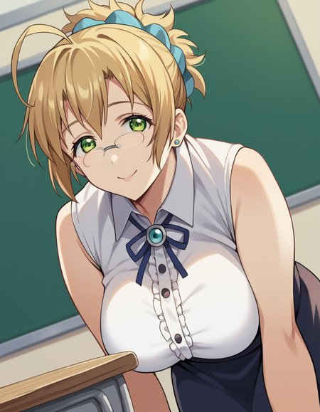 score_9, score_8_up, score_7_up, source_anime, misakisensei, <lora:misaki-sensei-ova-ponyxl-lora-nochekaiser:1>, misaki, blonde hair, large breasts, green eyes, glasses, ahoge, short hair, scrunchie, hair scrunchie,, skirt, jewelry, earrings, teacher, skirt, sleeveless, collared shirt, frilled center, frills, ribbon, white shirt,, indoors, classroom, bent over, smile, looking at viewer, solo, cowboy shot, dutch angle