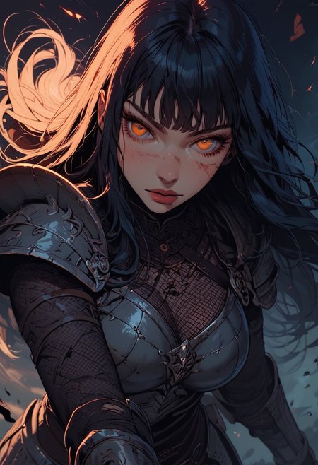 Score_9, Score8_up, Score_7_up, (((High Resolution, Best Quality))), 
1girl, beautiful, breasts, battle scarred, damaged armor, fishnets under armor, bangs, long hair, plated armour, holding battleaxe, battle stance, dynamic angle, ancient fantasy city, battle-ready stance, dynamic pose, at night, moonlight, riding a nimbus cloud, nimbus, directional lighting, viewed from above,
beautiful eyes, detailed eyes, perfect eyes, orange eyes, beautiful eyes, looking at viewer, extreme foreshortening,