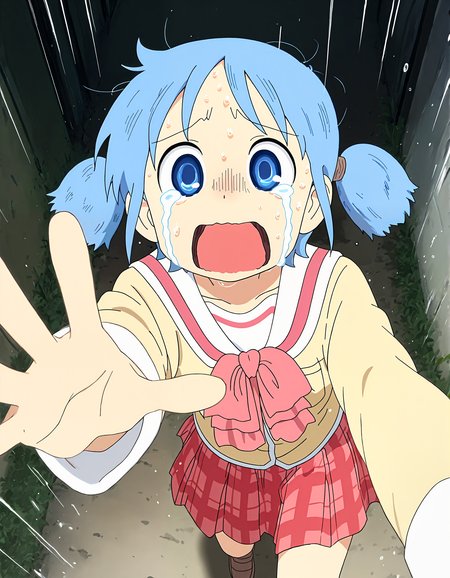 masterpiece, best quality, good quality, newest, highres, absurdres,Nichijou_illu, <lora:Nichijou_style:1> ,style parody, anime screenshot,1girl, tokisadame school uniform, school uniform, twintails, blue hair, solo, blue eyes, open mouth, short twintails, tears, sweat, skirt, parody, short hair,crying, running, reaching towards viewer, scared, action_line