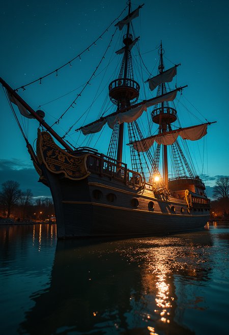 Film scene showcasing modern artstyle , on a broken-down pirate ship in a drained water park, under starlit skies, taken from the ship's bow, sailing through memories.