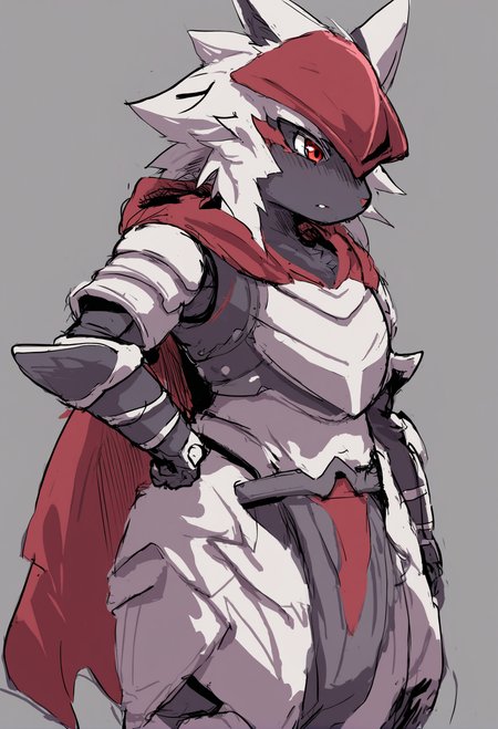 masterpiece, hyper detailed, best quality,(furry:1.3),solo , hood , armor, 1girl, simple background , standing , grey background, sketch  ,<lora:DAGASIXLlokr8f-000188:0.95>