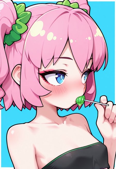 masterpiece, best quality, 1girl, solo, skinny, flat breasts, blue eyes, (pink candy hair, two pigtails), green elastic scrunchie, makeup, blush, black tube top, sucking green lollipop, lollipop in mouth, holding, portrait, blue background, kakayumikaka