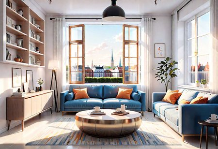 ((front view)), Shallow scene, ((animation style)), modern-style interior, with white walls, (large windows), Nordic-style furniture, a  study, Sofa, coffee table, bookcase, single wall, 
warm light morning sun, (the view of the city)