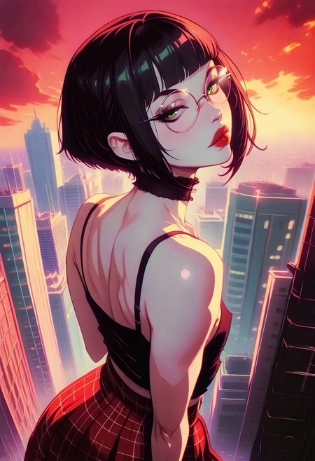 masterpiece, best quality, 32k, high resolution, absurdres, 1girl, Polly, PollyRH, short hair, bobcut, black hair, bangs, green eyes, small breasts, almost flat chest, slim, pale skin, big round eyeglasses, clear eyeglasses lenses, red lipgloss, HD32k, dynamic pose, aesthetic, perspective, solo, detailed eyes, sensual look, pinup pose, urban scenario, detailed background, black-red tint, sunset, sensual look,  goth attire, punk attire, black tank top,nipple peek, (red) tartan skirt, spiky wristbands, chocker,, from behind shot, back view, back focus