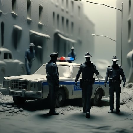 instonx policemen and police car at the crime scene in the city, expressively, spaces, cinematically<lora:instonx:1>