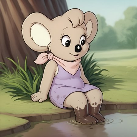 score_9, score_8_up, score_7_up, score_6_up, score_5_up, score_4_up, source_furry, Nutsybbv2, semi-anthro, female, Koala, tan fur, purple dress, pink neckerchief, sitting,  outside, covered in mud