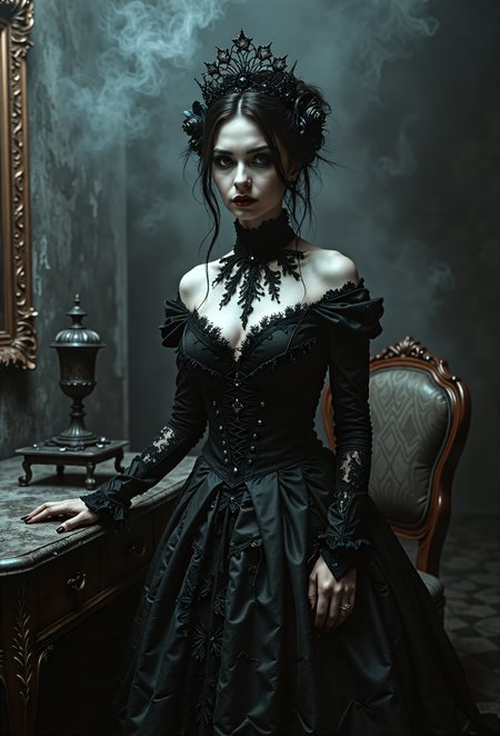gothic bride, mysterious, dark, Victorian-era inspired, ornate lace, intricate details, subtle mist, dimly lit, candlelight, elaborate jewelry, eerie atmosphere, mysterious shadows, dark eyeliner, bold lip color, pale skin, ornate frame, antique furniture, mysterious background, foggy atmosphere, subtle smoke, dark romantic, mysterious gaze devast8_V2