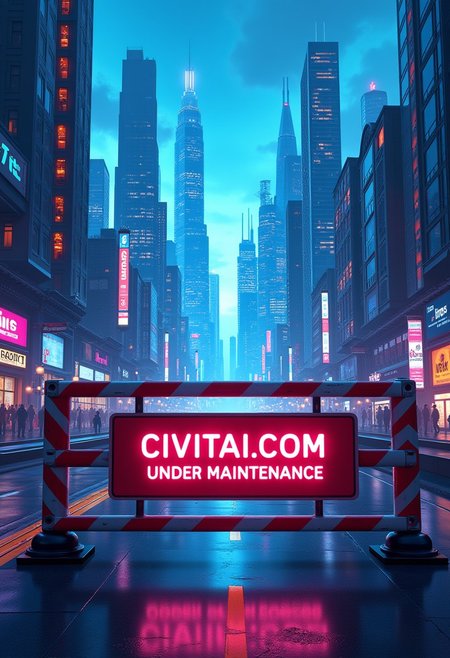 A road closed off by a sign that reads 'CIVITAI.COM UNDER MAINTENANCE'. Beyond the barricade, the eye is drawn to a bustling online realm being carefully tended to. This striking visual is a digital illustration, showcasing a futuristic cityscape with sleek skyscrapers and neon lights. The crisp details and vibrant colors make this image a breathtaking depiction of a virtual world in the midst of maintenance and innovation.