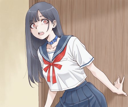 masterpiece, best quality, amazing quality, , 1girl, solo, sailor collar, blue collar, red ribbon,  white shirt, skirt, looking at viewer, open mouth, long hair,  <lora:TAMAKIN benzyo style ILL-v2:1> tamakinbenzyo